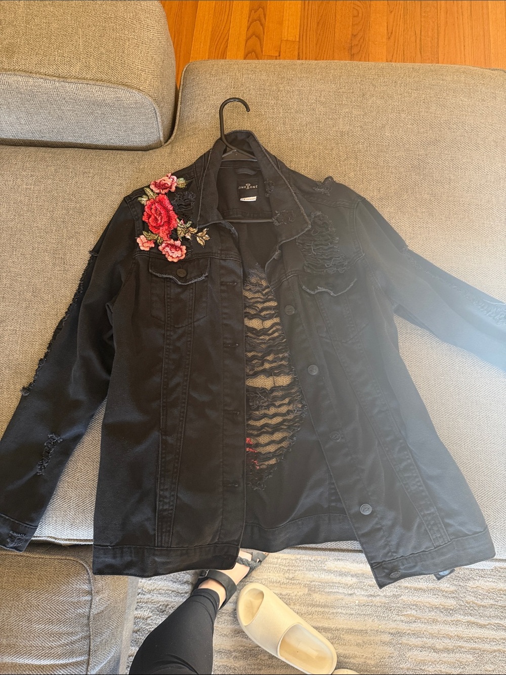 one 5 one Black Distressed Denim Jacket with Red Floral Embroidery